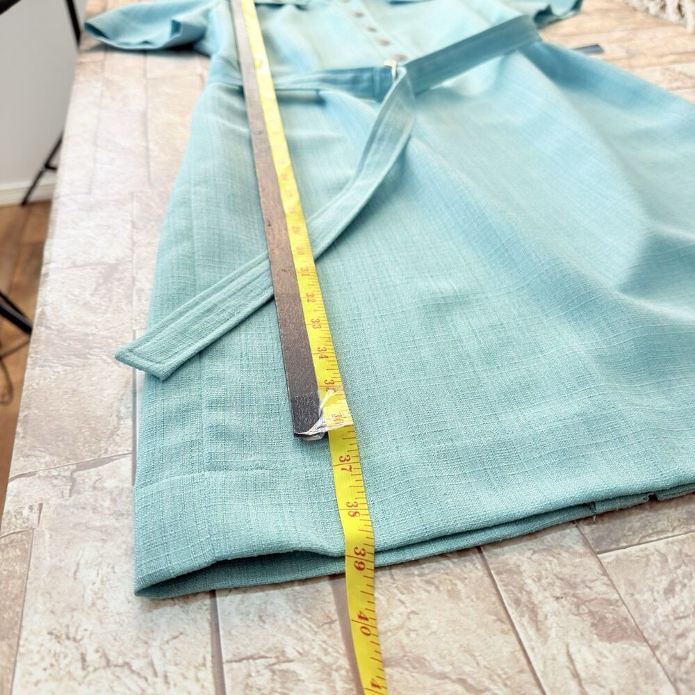 Henry Lee Dress Vintage Size 8P Aqua Blue Short Sleeve Midi Sheath Belted - Picture 11 of 13